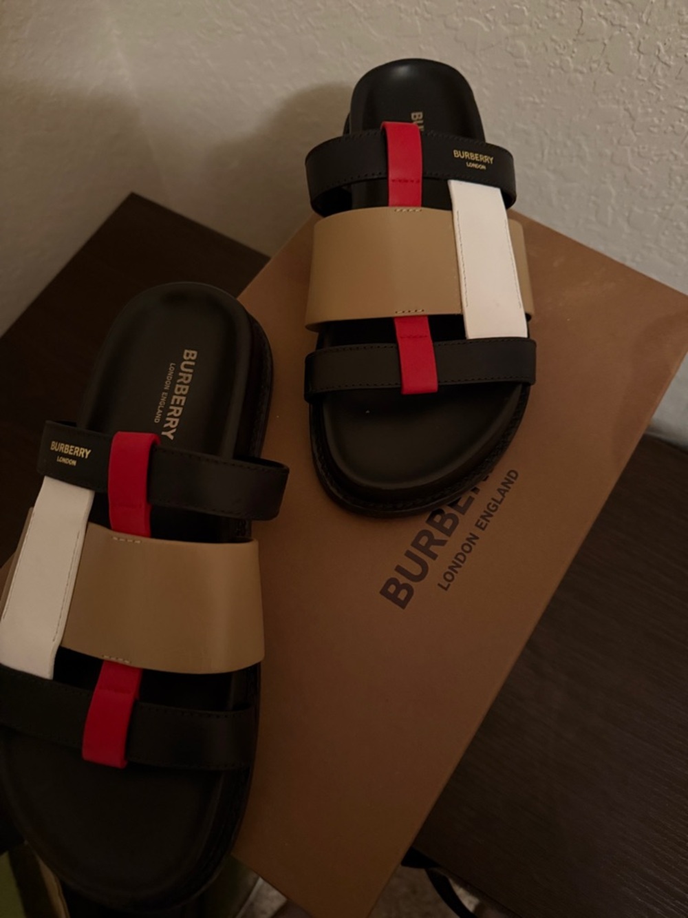 Burberry Black Slide Sandals with Beige, White & Red Straps - Picture 2 of 7